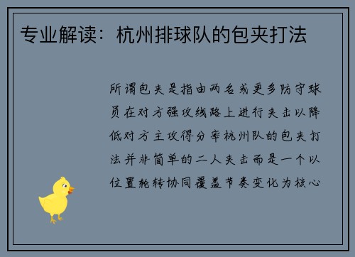 专业解读：杭州排球队的包夹打法