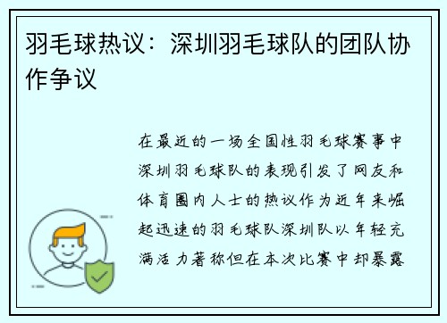 羽毛球热议：深圳羽毛球队的团队协作争议