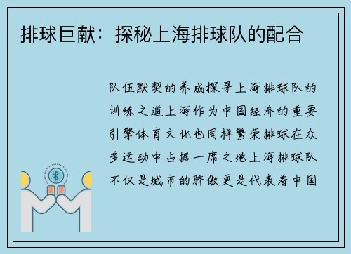 排球巨献：探秘上海排球队的配合